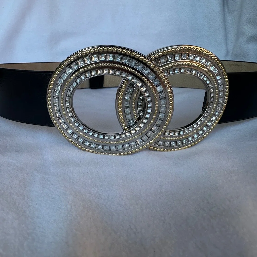Chicos Black Leather Belt S/M Double Circle Rhinestone Beaded Buckle Glam Statem